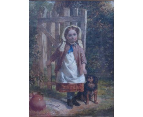 William Hemsley (British, 1819-1893), By a Garden Gate, oil on panel, 30 x 21.5cm, frame 54 x 46cmOk. Unexamined out of frame