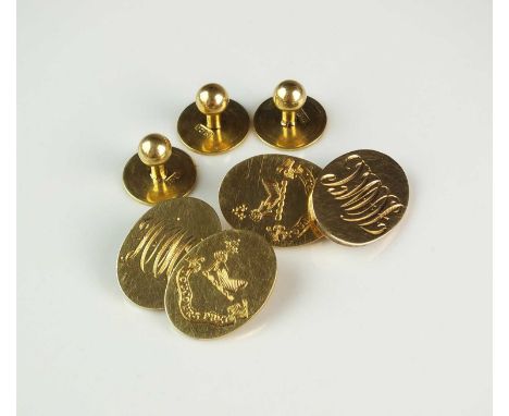 A pair of 18ct gold cufflinks, each with engraved mongram and crest, hallmarked Birmingham 1990, together with three yellow m