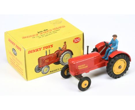 Dinky Toys 300 Massey Ferguson Tractor - Red, yellow hubs (plastic to front), figure driver and metal tow hook - Excellent (a