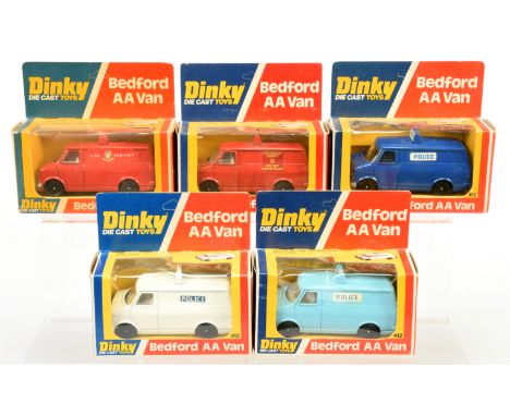 Dinky Toys 410 Bedford Promotional Vans group of 5 - (1) "Police" - White, (2) Same but - Dark blue, (3) Same but - Light blu