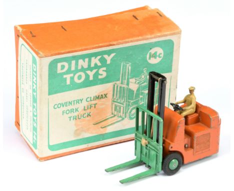 Dinky Toys 14C Coventry Climax Fork Lift Truck - Burnt orange body, black mast, mid-green forks and rigid hubs, light tan fig