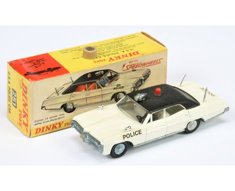 Dinky 251 Pontiac Parisienne "Police car - White body, black roof with red light, off white interior with figure, chrome trim