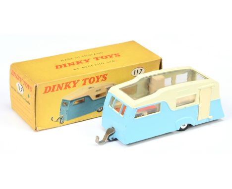 Dinky Toys 117 Four Berth Caravan - Two-Tone Cream over mid-blue, light beige opening side door, red and cream interior, chro