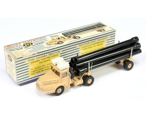 French Dinky Toys 893 Unic Sahara Tractor - Beige cab, Trailer, convex and concave hubs with plastic pipe load - Excellent in