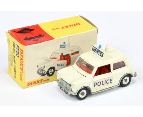 Dinky 250 Mini Cooper "Police" Car - Off white body, red interior, roof box with blue light and aerial, spun hubs - Good in a