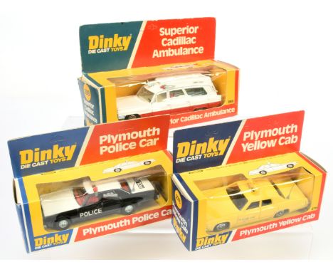 Dinky Toys group of 3 to include (1) - 244 Plymouth "Police" Car - Black and white , red interior, cast hubs,&nbsp; (2) 278 P