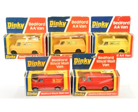 Dinky Toys 410/412 Bedford Promotional Vans group of 5 - (1) "Royal Mail", (2) Red Body, (3) "AA Service" - Bright Yellow wit