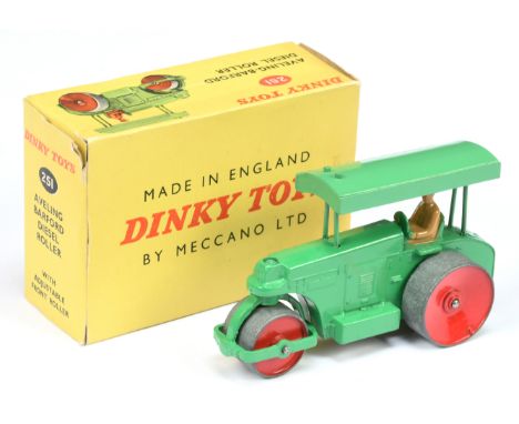 Dinky Toys 251 Aveling Barford Road Roller - Mid-green body and canopy, red metal wheels, tan figure and tow hook - Excellent