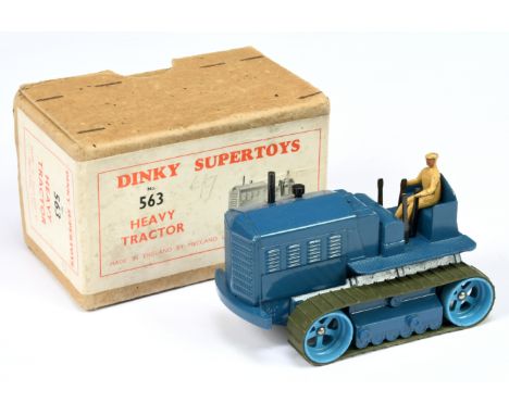 Dinky Toys 563 Heavy Tractor - Blue Body, mid-blue metal rollers with rubber tracks, metal tow hook and tan figure - Good Plu