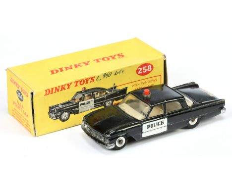 Dinky Toys 258 Ford Fairlane "USA Police" Car - Black body, white door panels, cream interior, red solid roof light, silver t