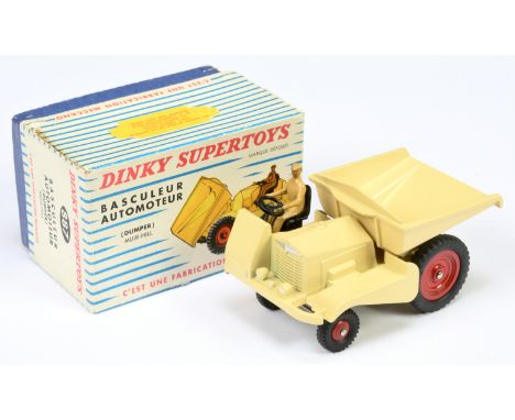 French Dinky Toys 887 Muir Hill Dumper -pale yellow, red metal wheels, black metal tow hook and tan figure driver - Excellent