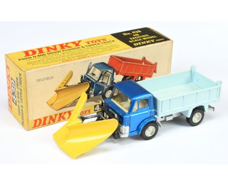 Dinky Toys 439 Ford D800 Snow Plough &amp; Tipper Truck - Metallic blue cab, pale blue back, silver chassis, white interior, 