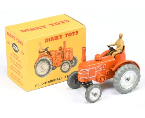 Dinky Toys 301 (27N) Field Marshall Tractor - Orange body, silver trim and hubs, tan figure driver, metal tow hook - Excellen