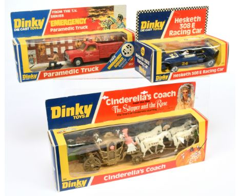 Dinky Toys group of 3 - (1) 111 Cinderella's Coach, (2) 222 "Olympus" Hesketh 308E Racing Car - blue, cast hubs, racing No.24