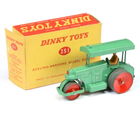 Dinky Toys 251 Aveling Barford Road Roller - Mid-green body and canopy, red metal wheels, darker tan figure and tow hook - Go