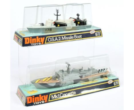 Dinky Toys 671 MK1 Corvette - Camouflage grey and black with loose yellow missiles and 672 O.S.A.2 Missile Boat - Grey, black