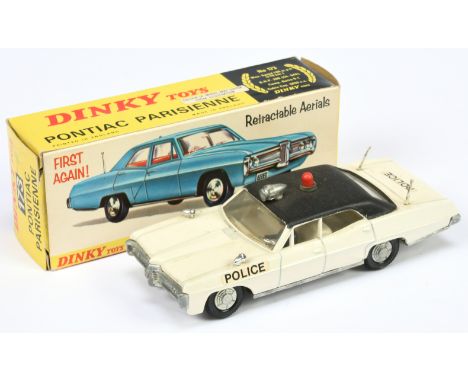 Dinky 173 Pontiac Parisienne "Police" Car - White body, black roof, off white interior with figure, red roof light and cast h