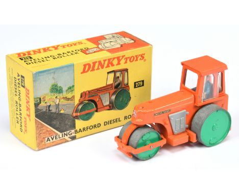 Dinky Toys 279 Aveling Barford Diesel Roller - orange body and cab including roof, grey plastic engine covers, green metal wh