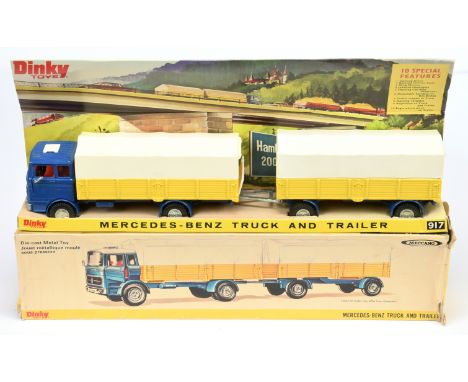 Dinky Toys 917 Mercedes Truck and Trailer - Blue cab and chassis, yellow sides with white plastic canopies, red interior and 