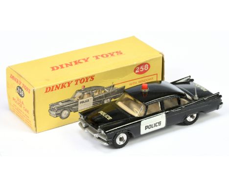 Dinky Toys 258 Dodge Royal Sedan "USA Police" Car - Black body, white door panels, cream interior, red solid roof light, silv