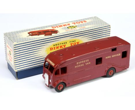 Dinky Toys 980 Horse Van EXPORT ISSUE "Express Horse Box Hire Service" - Maroon body, red supertoy hubs and silver trim - Exc