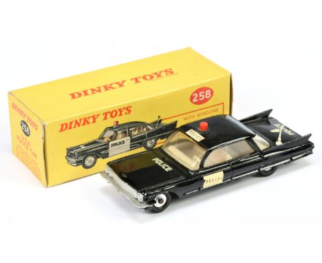 Dinky Toys 258 Cadillac "USA Police" Car - Black body, white door panels, cream interior, red solid roof light, silver trim, 