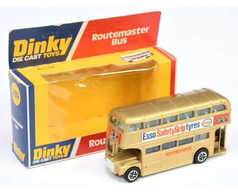 Dinky Toys 289 "ESSO Safety Grip Tyres" Routemaster Bus&nbsp; - Gold body, blue lower interior, light blue upper, silver trim