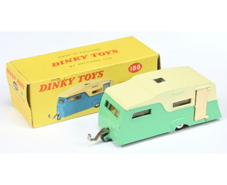 Dinky Toys 188 Four Berth Caravan - Two-Tone Cream over light green, light beige opening side door, chrome draw bar and spun 