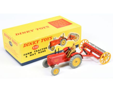 Dinky Toys 310 Farm Tractor Set - to include Massey Harris Tractor - red body, yellow metal wheels, light tan figure driver w