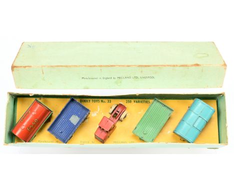 Dinky Pre-War 33 Mechanical Hoarse and Trailer Set - to include Unit Red with Black smooth hubs and 4 x Trailers (1) Refuse -