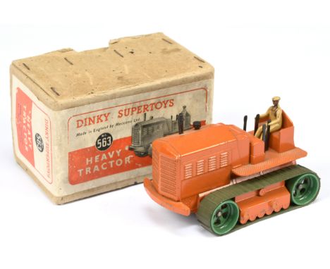 Dinky Toys 563 Heavy Tractor - Burnt Orange, Green metal rollers with rubber tracks, metal tow hook and tan figure - Good inc