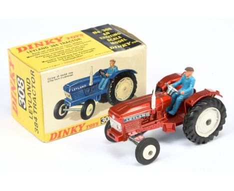 Dinky Toys 308 Leyland 384 Tractor - Metallic Red body, white hubs and chimney stack, figure driver, silver trim and metal ho