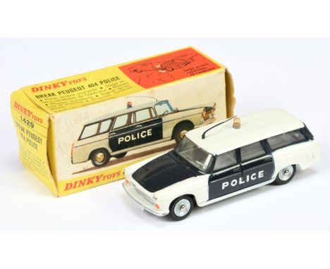 French Dinky Toys 1429 Peugeot 404 break "Police" - White and Navy blue, amber roof light, aerial, silver trim and concave hu