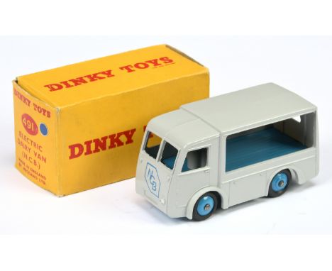 Dinky Toys 491 Electric Dairy Van "NCB" - Grey body, mid-blue inner back and rigid hubs with smooth tyres and silver front li