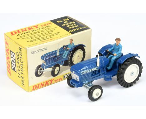 Dinky Toys 308 Leyland 384 Tractor - Blue body, white hubs and chimney stack, figure driver, silver trim and metal hook - Nea