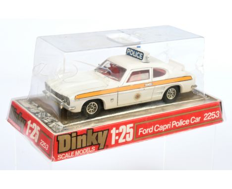 Dinky Toys 2253 (1/25th) Ford Capri "Police" - White body, red interior, chrome trim, roof box with blue light - Good to&nbsp