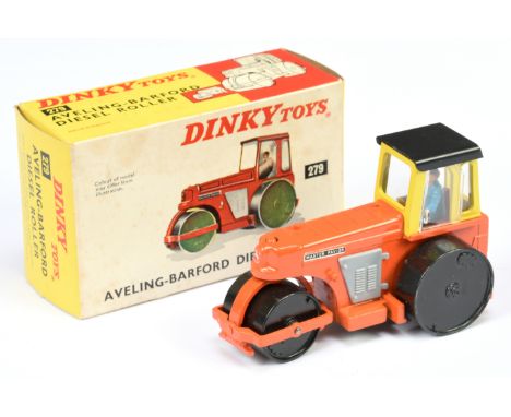 Dinky Toys 279 Aveling Barford Diesel Roller - orange body yellow cab with black roof, grey plastic engine covers, black meta