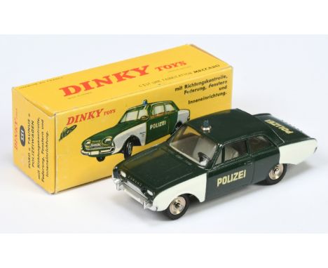 French Dinky Toys 551 Ford Taunus "Polizei" Car - Green and white, grey interior, blue roof light, silver trim and chrome con