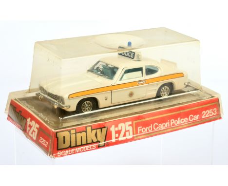 Dinky Toys 2253 (1/25th) Ford Capri "Police" - White body, light blue interior, chrome trim, roof box with blue light - Good 