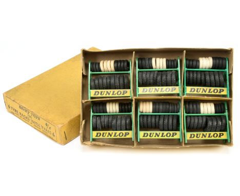 Dinky Toys Trade Pack 786 "Dunlop" Tyre racks containing 6 examples - Green and yellow with white and black tyres - Good to G