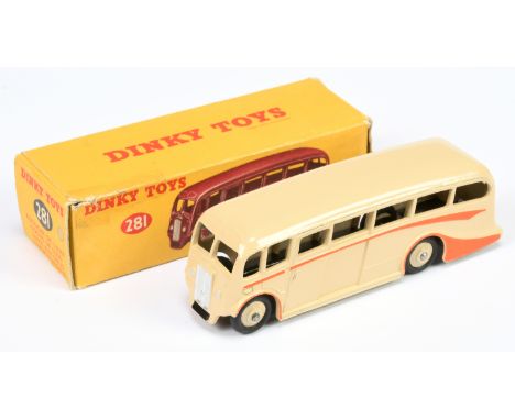 Dinky Toys 281 Luxury Coach - Light cream body and rigid hubs with smooth tyres, orange flashes and silver trim - Excellent i