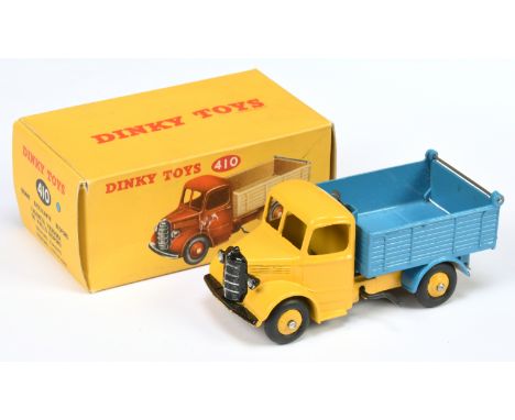 Dinky Toys 410 Bedford End Tipper - yellow cab, chassis and rigid hubs with smooth tyres, mid blue back - Excellent lovely br