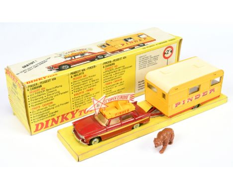 French Dinky Toys 882"Pinder" Peugeot 404 &amp; Caravan - Red, yellow, light beige interior, concave hubs &amp; Caravan yello