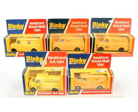 Dinky Toys 410 Bedford Promotional Vans group of 5 - (1) "PTT", (2) "Duutsche Bundepost", (3)"15e Bourse De Geneve" (with roo