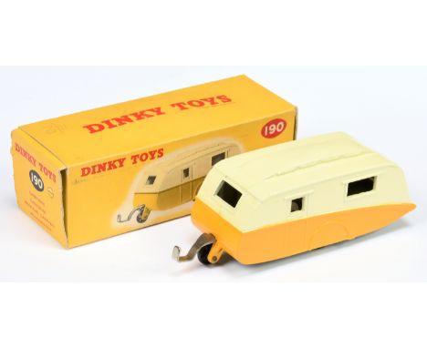 Dinky Toys 190 Caravan - Two-Tone Cream over yellow light beige, smooth black metal jockey wheel, chrome draw bar, rigid hubs