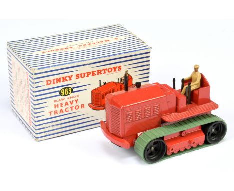 Dinky Toys 963 Blaw Knox Heavy Tractor - Red body, black metal rollers with green rubber tracks, tan figure and tow hook - Go