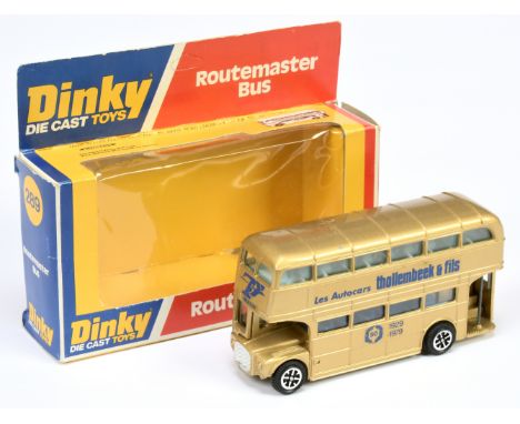 Dinky Toys 289 "Thollembeek" Routemaster Bus - Gold body, blue lower interior, light blue upper, silver trim and speedwheels 