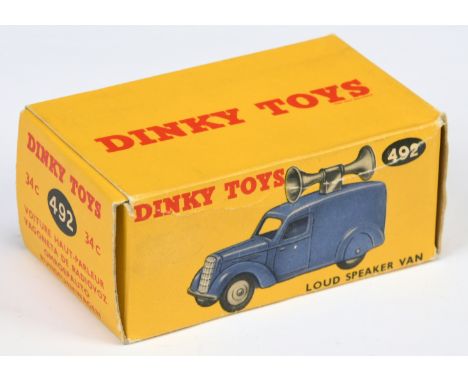 Dinky Toys 492&nbsp; (34C) Loud Speaker Van - Empty (dual numbered 492/34C end flap) yellow and red carded picture box - Good