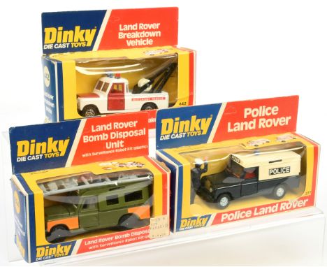 Dinky Toys&nbsp; group of 3 Land Rovers to include (1) 277 "Police" - Navy blue, plastic canopy, red interior, solid light bl