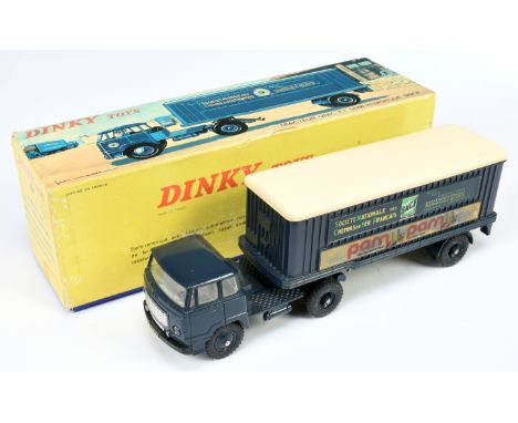 French Dinky Toys 803 Tractor Unic "Pam Pam" - Blue cab, plastic hubs and trailer pale cream roof, grey interior, silver tray